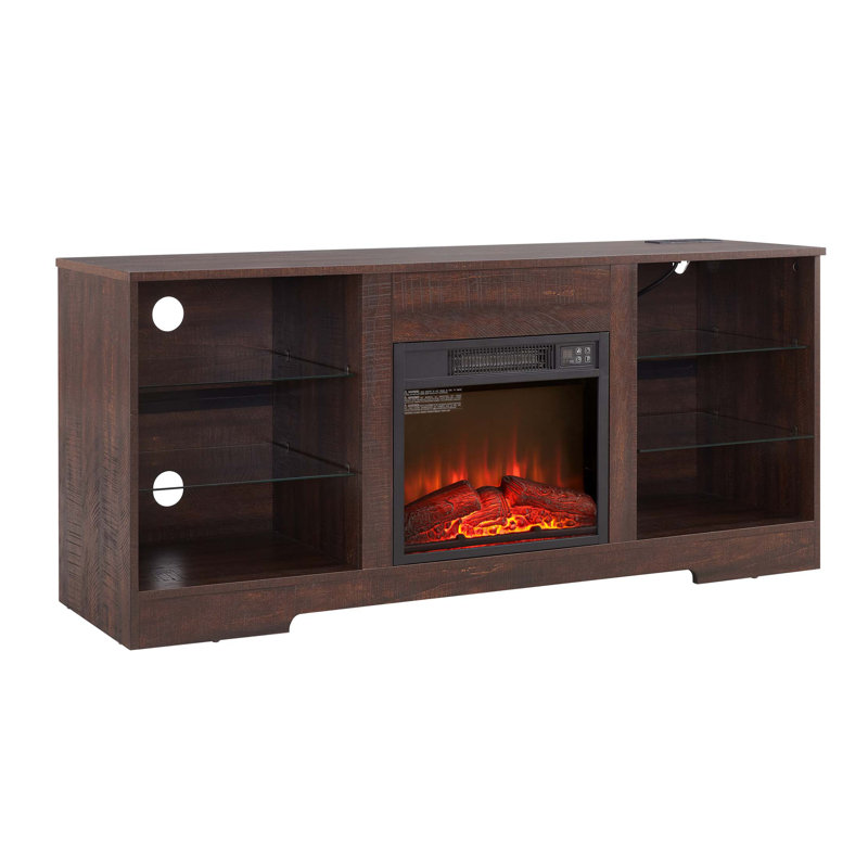 TV Stand Electric Fireplace Glass Shelves, 3D Fireplace TV Stand with LED Lights Wood with USB Charging Outlet Modern Television Table Center for TV up to 62", 58''W*15.5''D*24.4