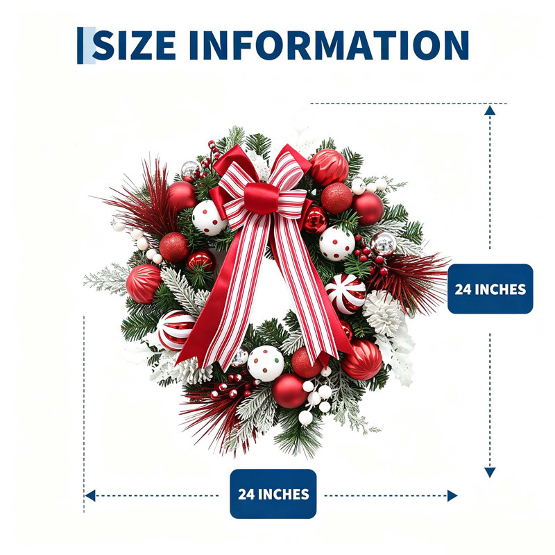 Couronne de Noël pré-illuminée de 61 cm (24 po) avec ruban et décorations pour porte d'entrée, mur et foyer