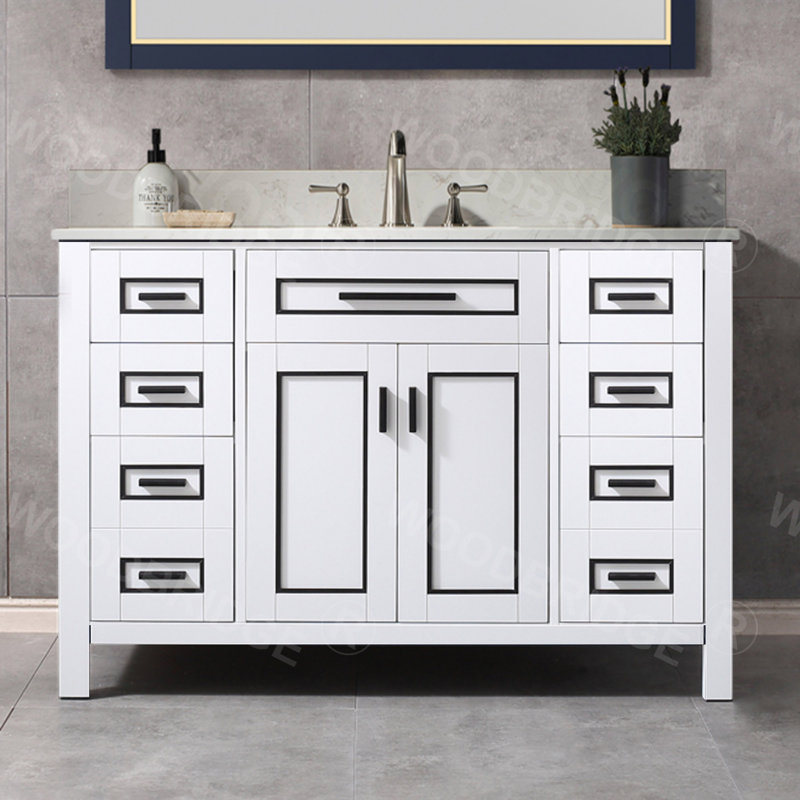 Ensemble de meuble-lavabo 49 po avec armoire en bois massif et comptoir en pierre d'ingénierie, Blanc