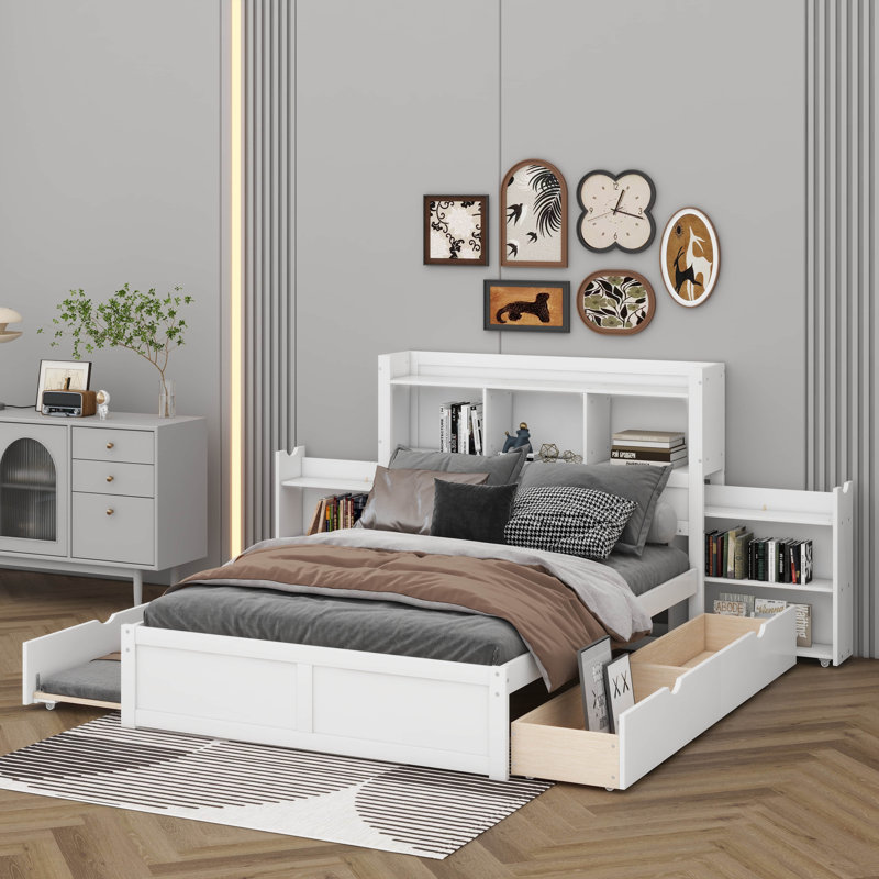 Lit plateforme double avec tablettes coulissantes, Blanc