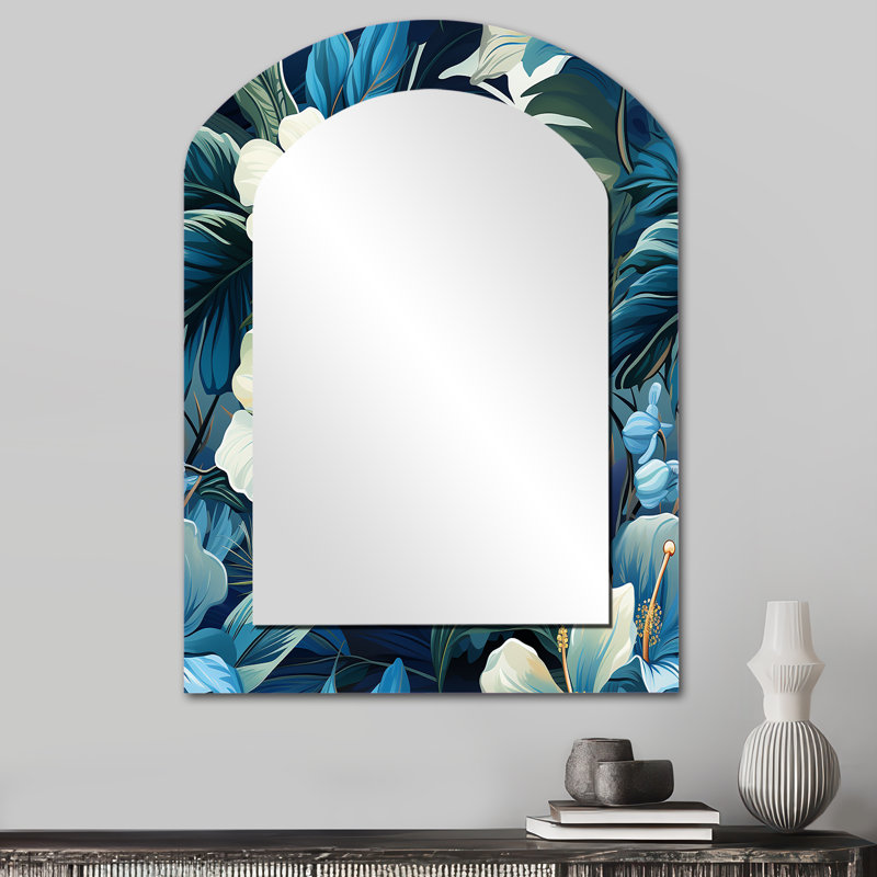 Twilight oasis motif tropical - miroir mural décoratif asymétrique tropical, miroir arqué tropical, impression d'art en métal