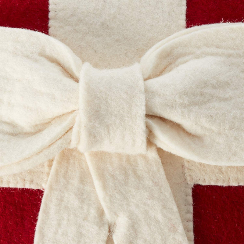 Cream Bow On Red- Christmas Pillow Hand Felted Wool -14", Pillow Cover Only - No Insert