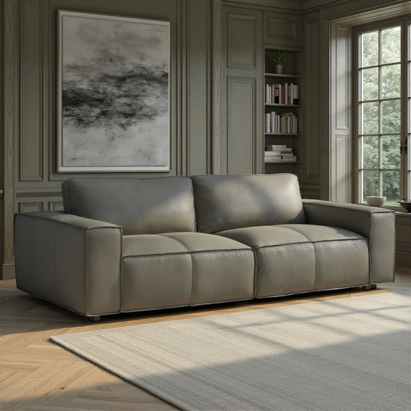 Cramer 93" Modern Leather Sofa In Anthracite Gray Or Ochre With Track Arms, Anthracite Gray