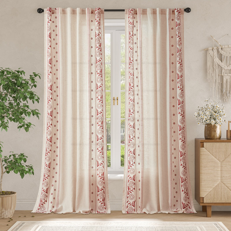 Linen Blended Semi Sheer Embroidered Floral Curtains, 50" W x 108" L, Burgundy