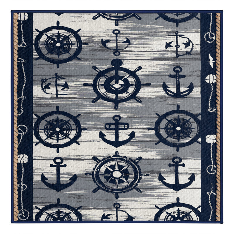 Washable Industrial Nautical Plus Coastal Area Rug, Square 8'