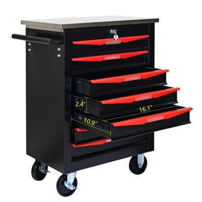 Multifunctional 7 Tool Trolley With Strong Construction - Black&Red Key Lock And Smooth Drawers Practical