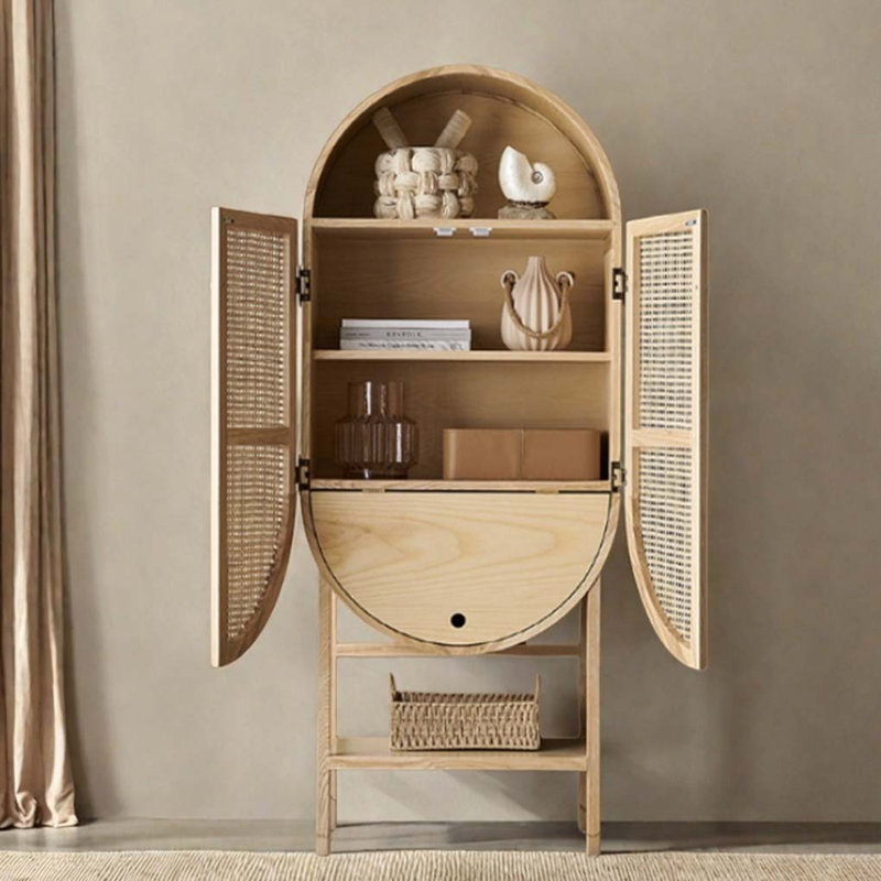 Bibliothèque en bois massif avec rangement en rotin, Bois