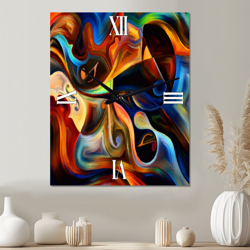 Bleu, orange, jaune et dynamique sur fond noir - horloge murale abstraite en métal, Surdimensionné