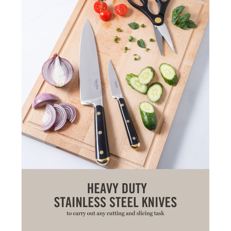 Martha Stewart 16 Piece Lockton High Carbob Stainless Steel Cutlery Kitchen Knife Block Set W/ ABS Tripe Riveted Forged Handle Acacia Wood Block - Sage Green W/ Gold