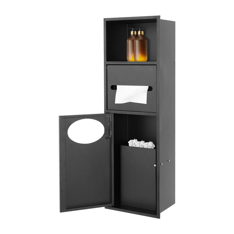 Bathroom Wall Niche, Bathroom Cabinet With Toilet Paper Holder And Trash Can, Black