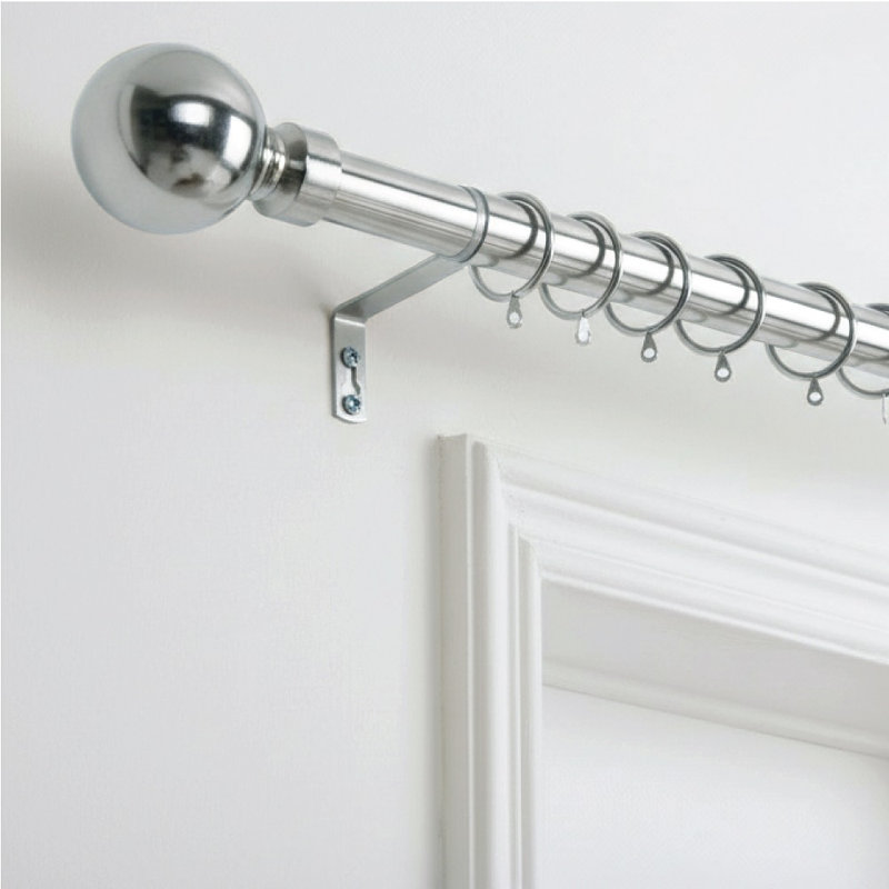 Adjustable Metal Curtain Rod with Rings & Brass Finials, Extendable Decorative Window Curtain Pole, Brushed Silver