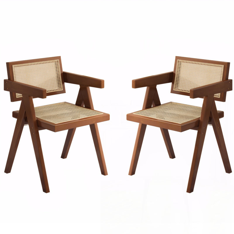 Modern Mid Century Dining Chairs Set of 2, Rattan Accent Chairs, Comfy Armchairs, Outdoor Wood Chairs with Armrest for Bedroom Living Room Reading Room Dining Kitchen, Brown