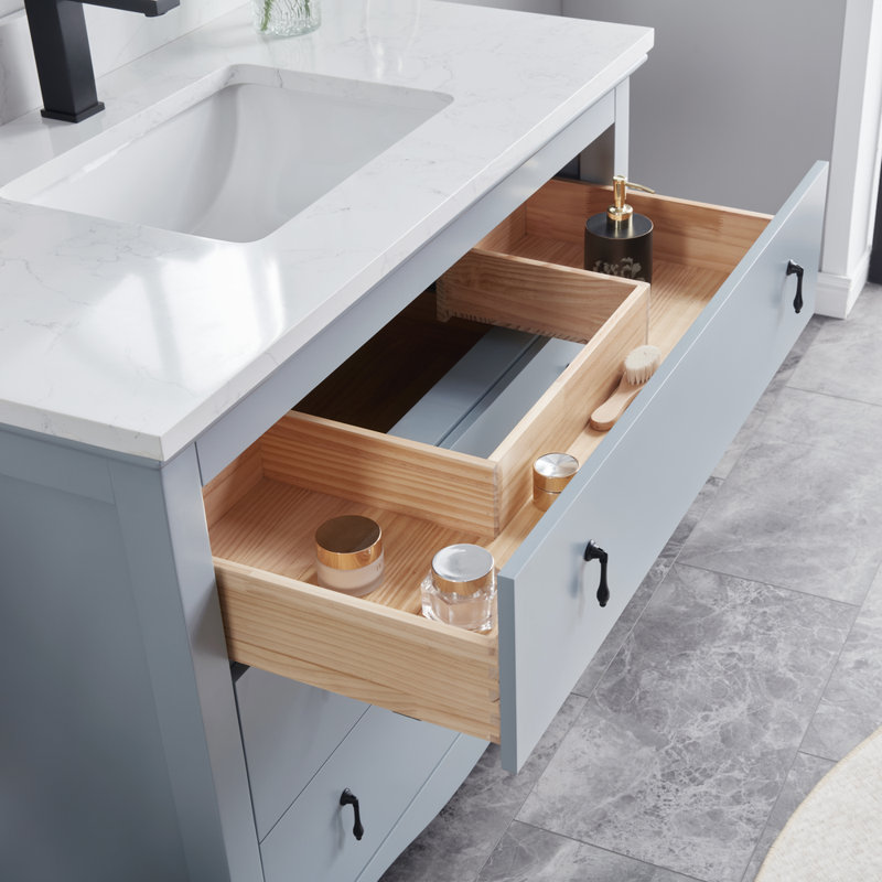 42" Solid Wood Bathroom Vanity with 1" Engineered Marble Top, Single Sink, Cadet