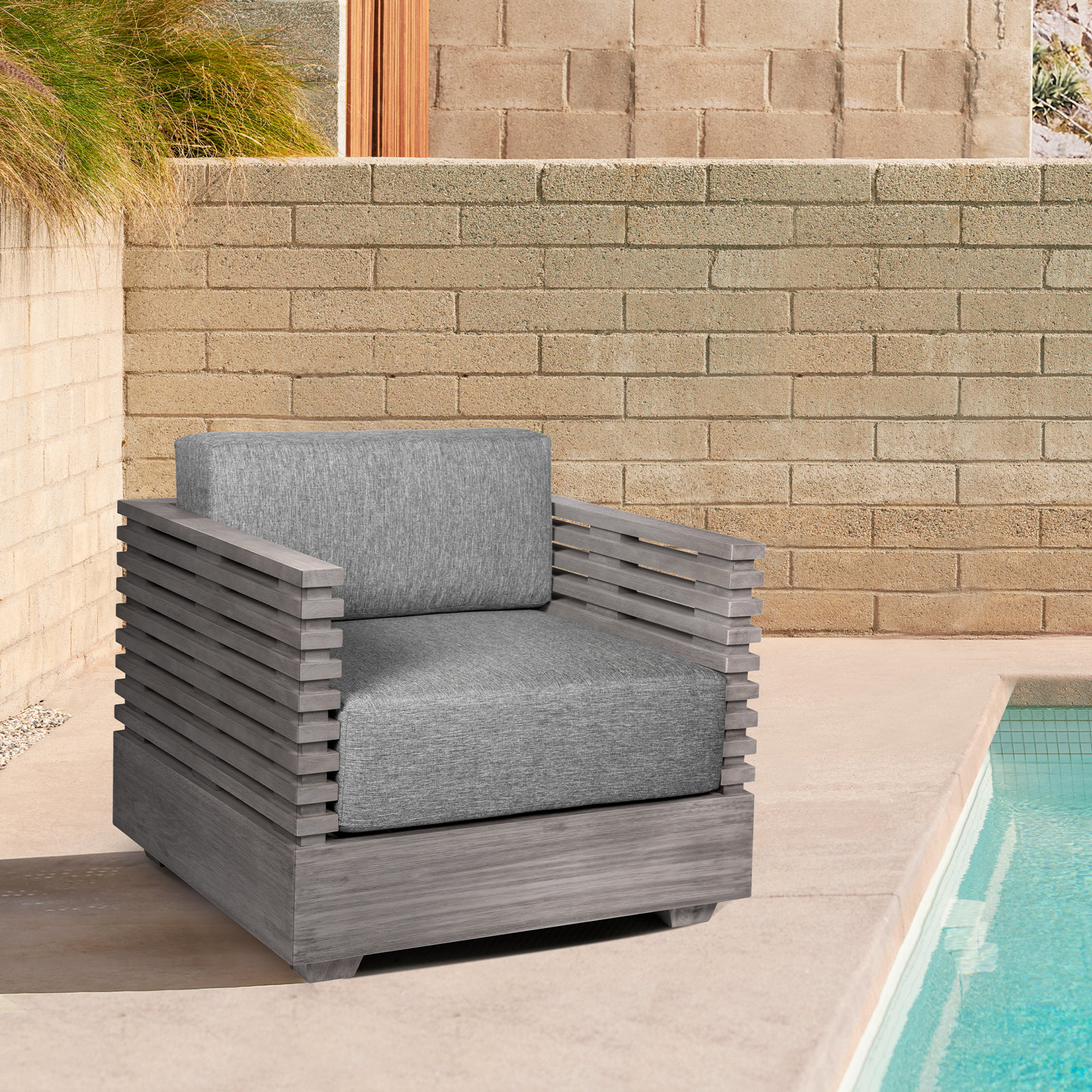 Fritz Wood Outdoor Lounge Chair, Grey Performance