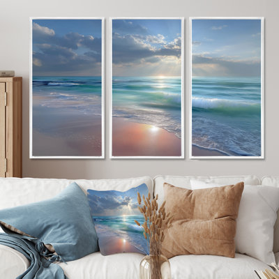 «White and Pink Sunset Gentle Waves» - ensemble de reproductions d'art mural grand plage