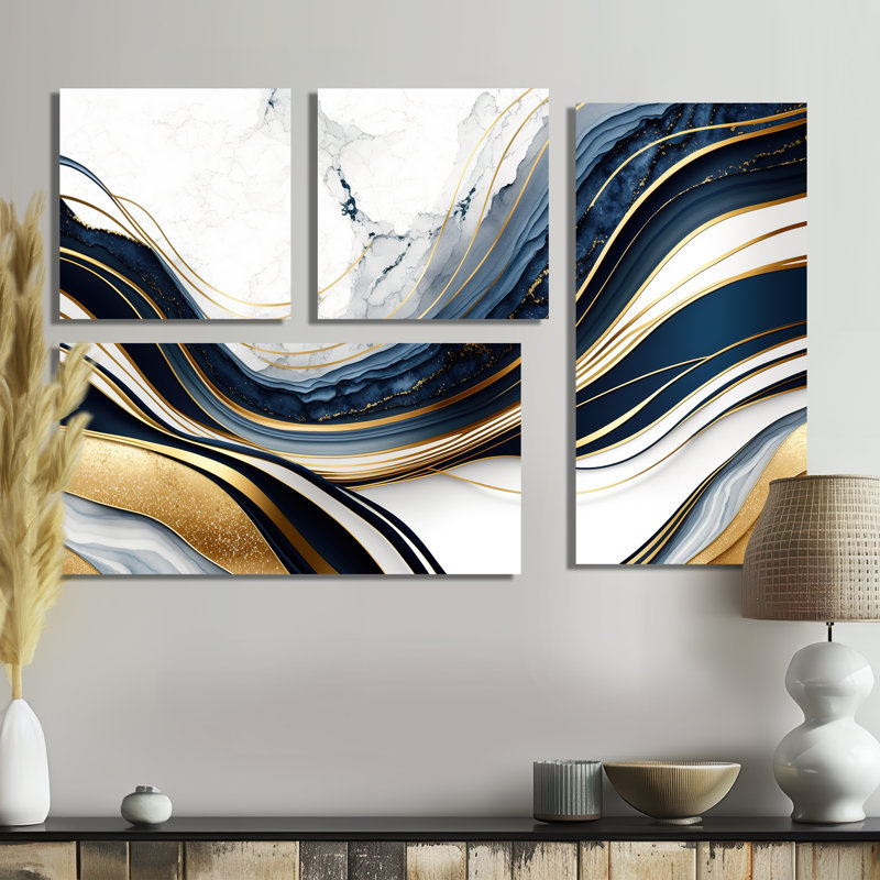 «Abstract Geode Waves Blue and Gold III», art mural abstrait sur toile 4 pièces, Noir, Impression encadrée sans passe-partout