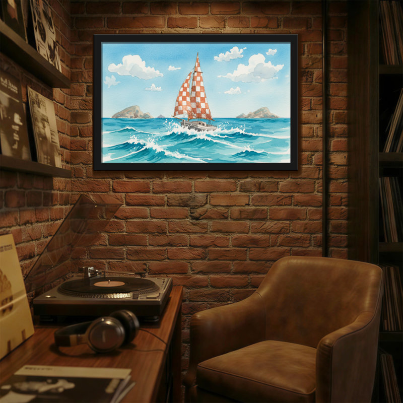Paysage et nature voilier sur les vagues de l'océan avec voile à carreaux, H 20 po x l 30 po