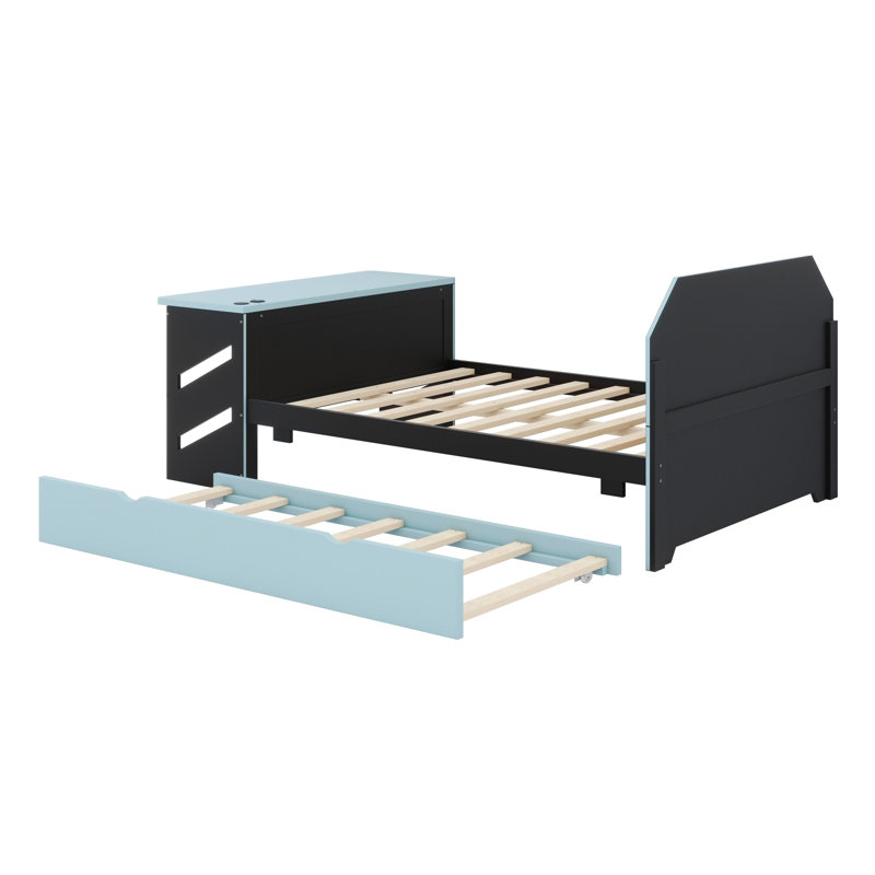 Lit de jour en bois avec couchette, bureau et port USB, Bleu nuage