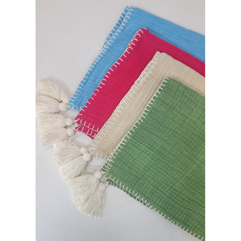 Lush Green Cotton Muslin Throw Blanket with Tassels