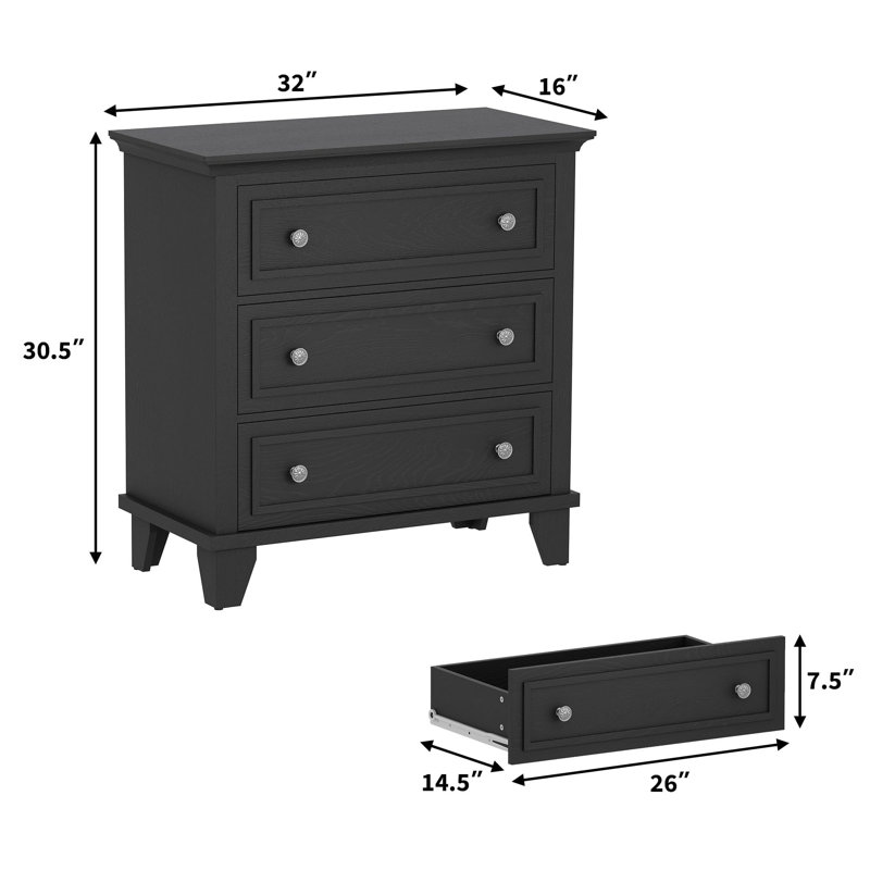 81.3 cm W Chest of 3 Drawers, Black