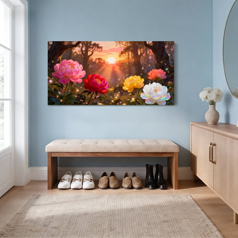 Ensemble de 1 tableau sur toile tendue représentant un paysage floral au coucher du soleil, H 20 po x l 40 po