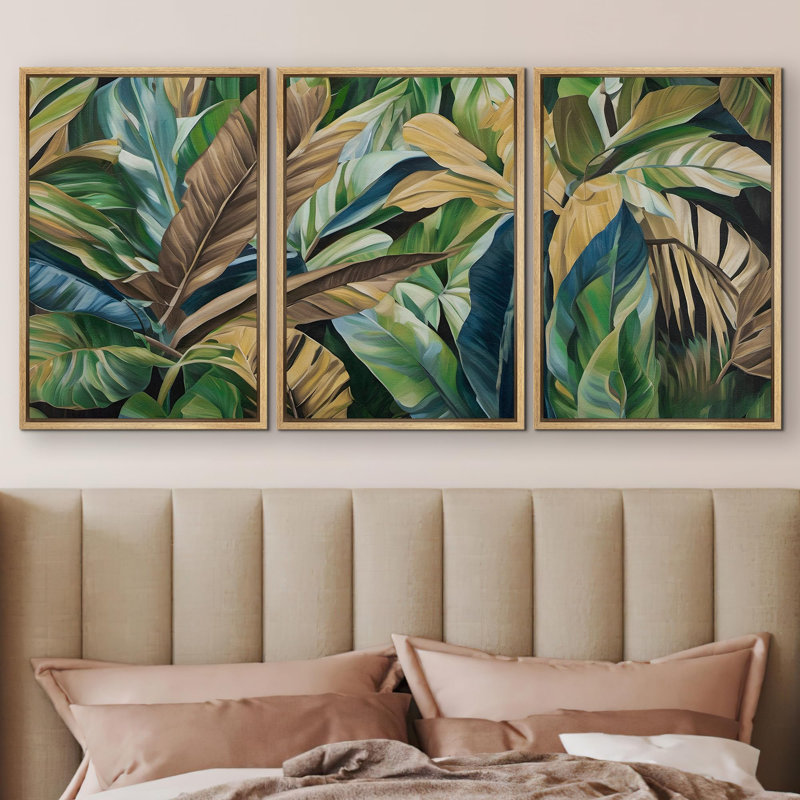 Plant Abstraction " Tropical Serenity Three-Piece Lush Green Foliage Banana Leaves Illustrations Modern Art Boho Decor " 3 - Pieces