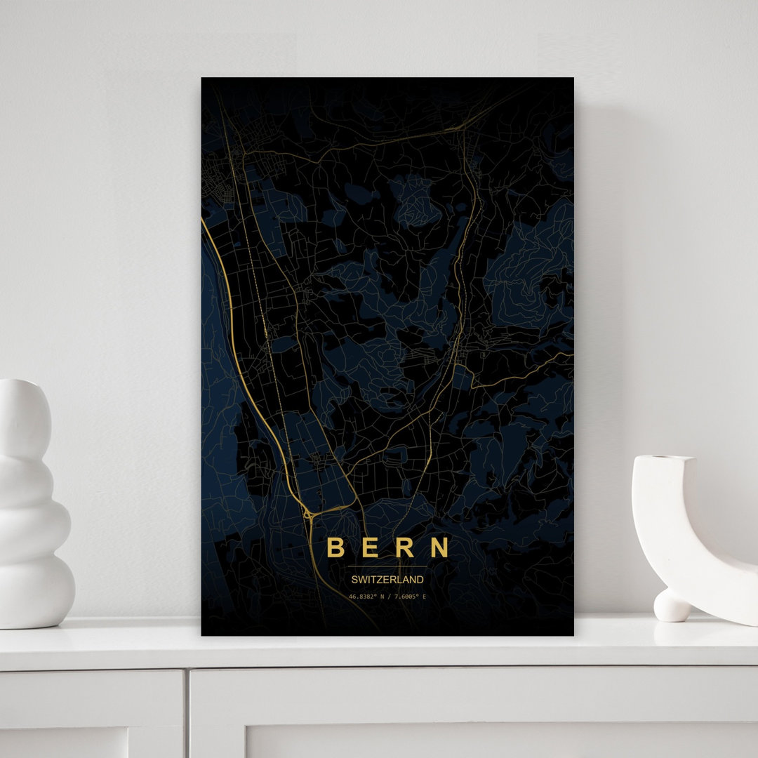 Golden Bern City Map Abstract Minimalist Modern City Wall Art Print