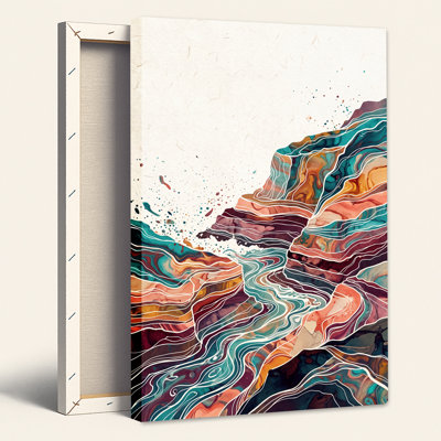 Tableau abstrait sur toile aux couleurs turquoise et rouille, représentant un mouvement fluide