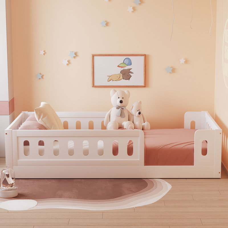 Wood Floor Bed with Semi-Enclosed Guardrails, White, Twin
