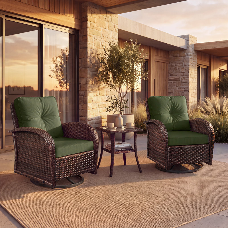 Ensemble de 3 fauteuils à bascule pivotants en résine tressée avec table d'appoint et coussin vert, ensemble de conversation moderne pour véranda, terrasse, balcon et jardin