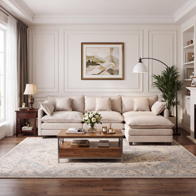 108.26" L-Shaped Sectional Sofa with Movable Ottoman, Chenille Upholstery and Throw Pillows