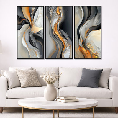 Fractal Golden and Grey Ink Shift – Abstract 3 Panel Canvas Print