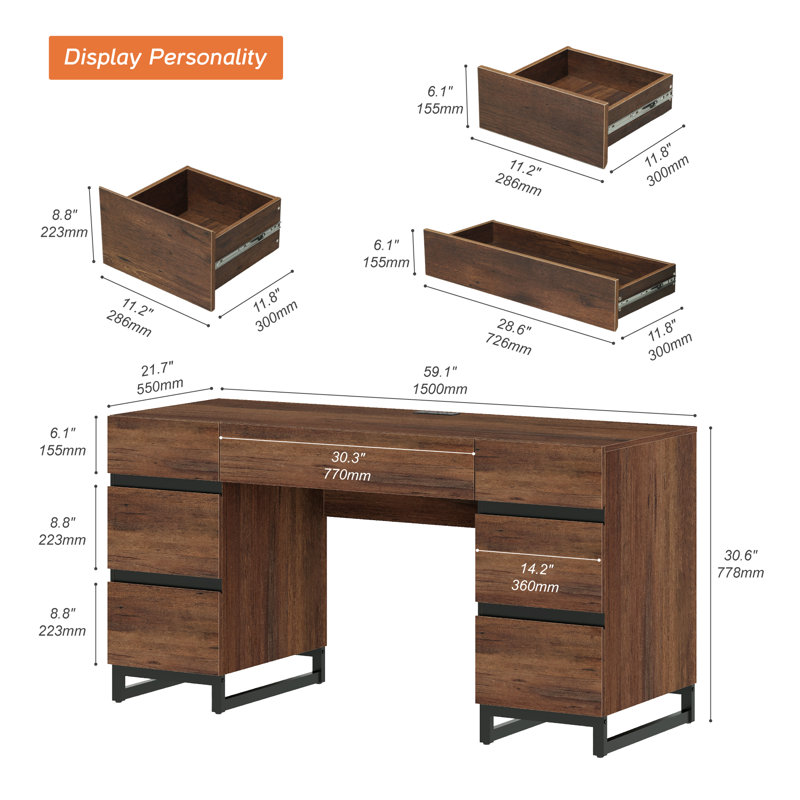  Office Furniture Set: 59In Modern Executive Desk With Charging Station & Drawers And Two 72In Tall Bookcases With 3 Tiers And 4 Cabinets,Home Office Furniture For Work Study