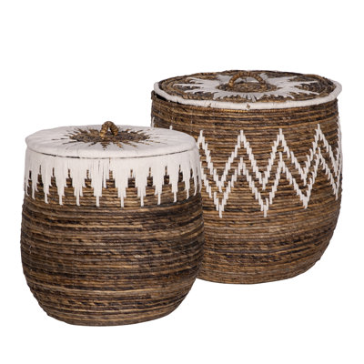 Lina Hand Woven Banana Leaf and White Cotton Nesting Baskets with Lids