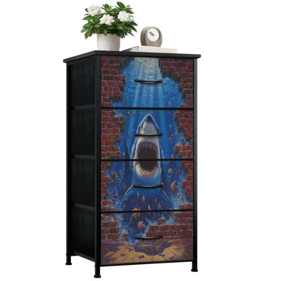 Commode pour chambre à coucher avec 4 tiroirs de rangement Shark Breaking Brick Wall Underwater Scène Commodes Commode en tissu avec cadre en acier pour vestibule