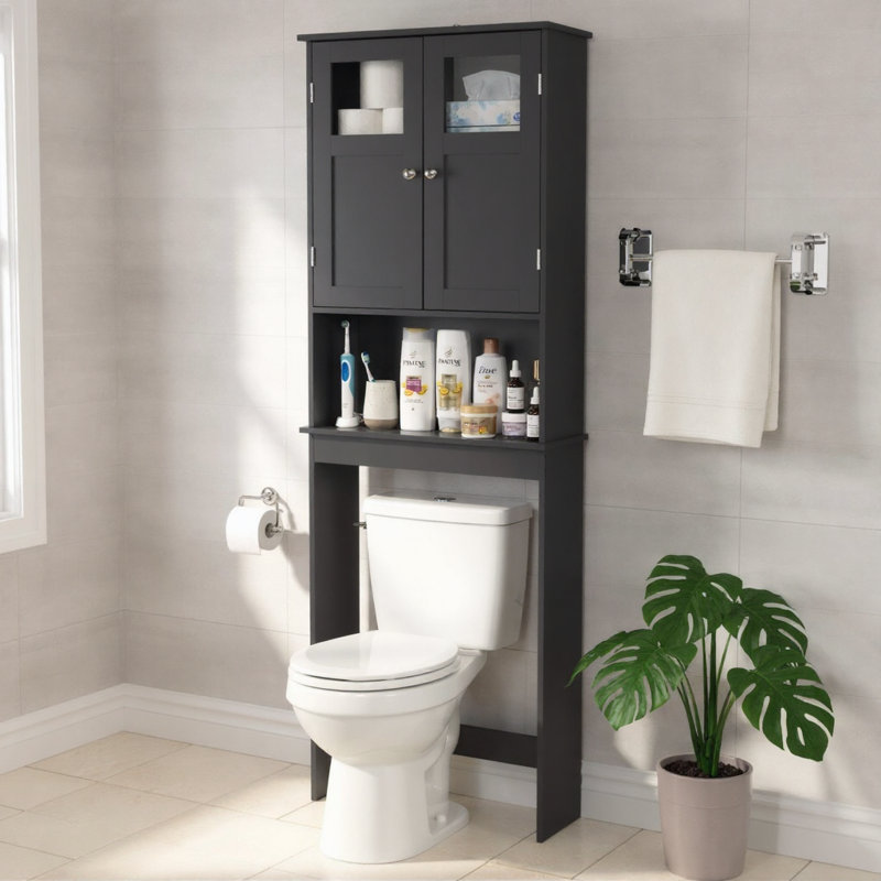 Armoire de salle de bain noire avec deux portes et trois tablettes de rangement permettant d'économiser de l'espace pour les salles de bain compactes