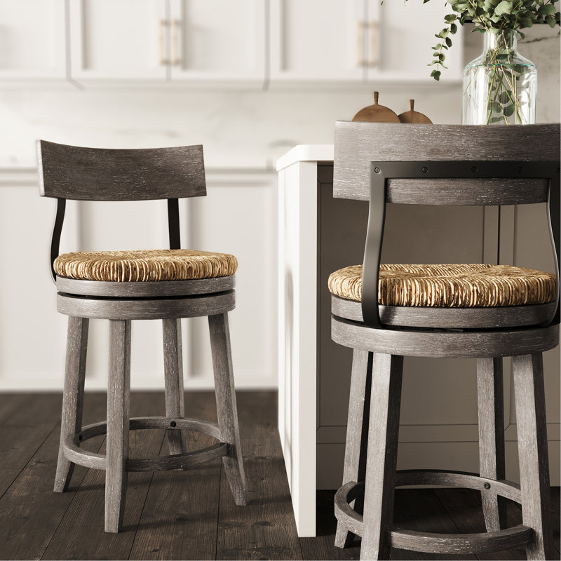 Tabouret de bar en bois avec assise en ruppie maritime naturelle, gris récupéré
