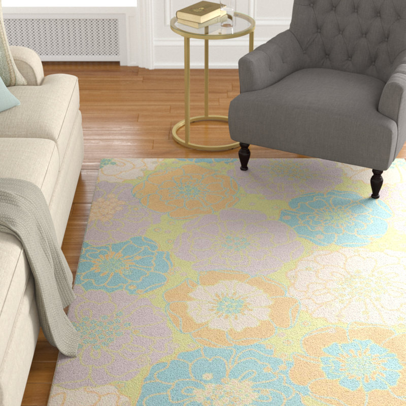 Tapis d'intérieur / extérieur à motif floral vert / jaune / gris / bleu sarcelle Bertran, Rectangle 4 pi 3 po x 6 pi 3 po