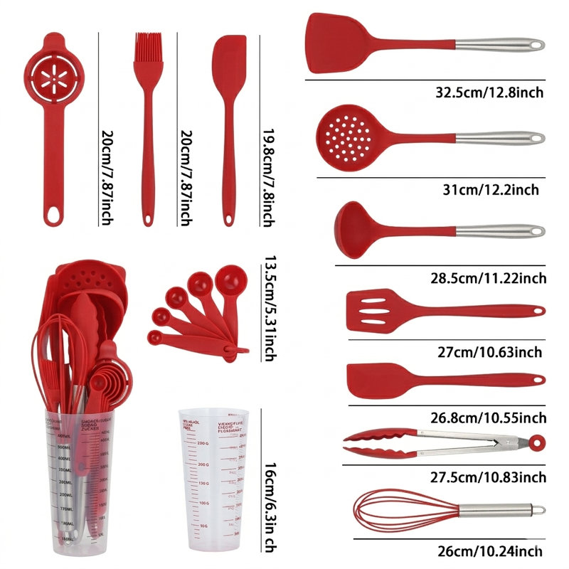 Ensemble de 16 ustensiles de cuisine en silicone - Ustensiles de cuisine pour cuisiner avec des poignées en silicone complètes Comprend un ustensile de cuisine à tasse à mesurer