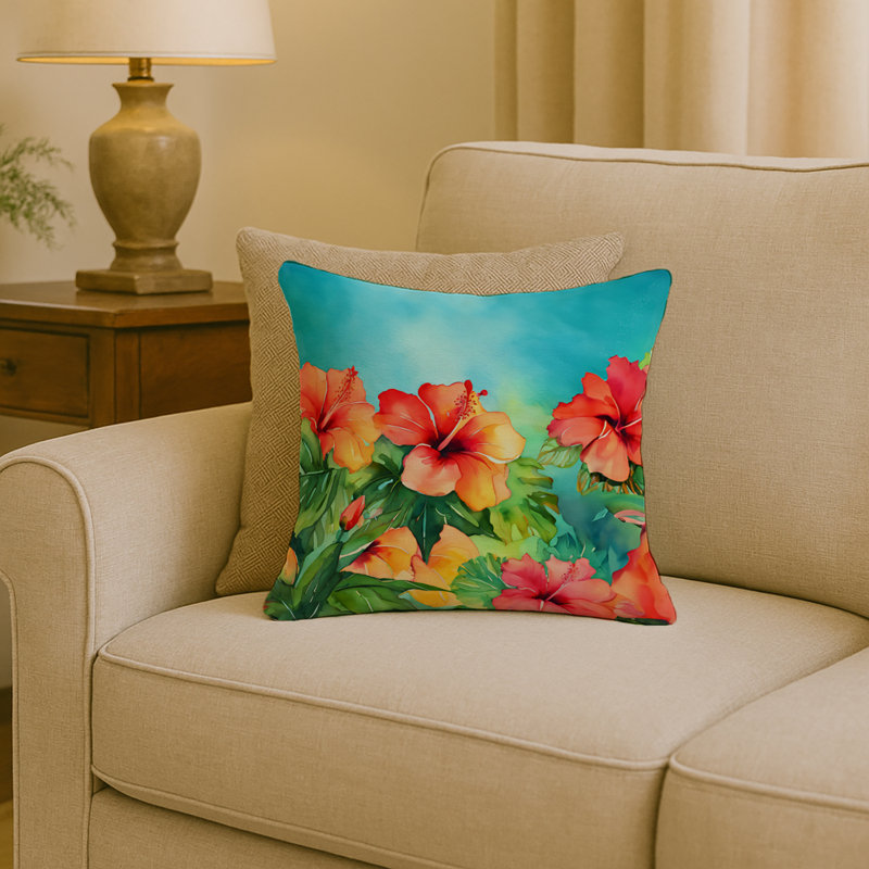 Coussin Hawaii, Hibiscus à l'aquarelle, Carré 18 po