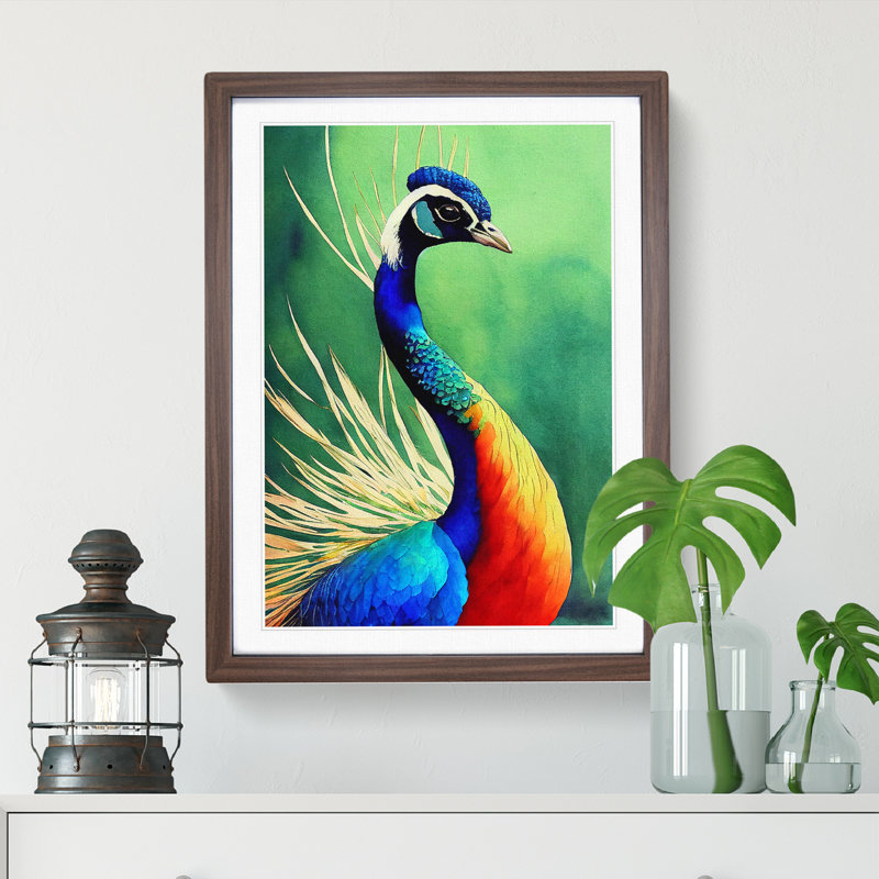 Painted Peacock No.2 - Single Picture Frame Print, 34cm H x 25cm W x 2cm D, Brown Framed