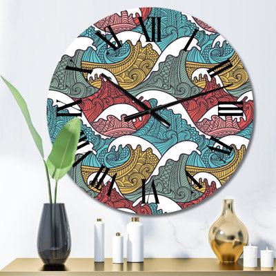 Red Blue And Grey Japanese Waves - Nautical & Coastal Wall Clock