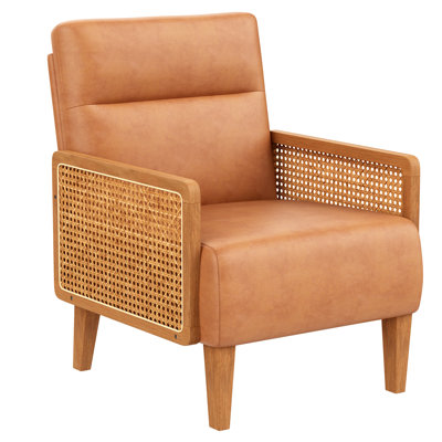 Upholstered Accent Chair With Rattan Arms And Solid Wood Legs