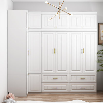 Wardrobe Set With Top Cabinet And Corner Unit, 2-Door, 98.4" Wide