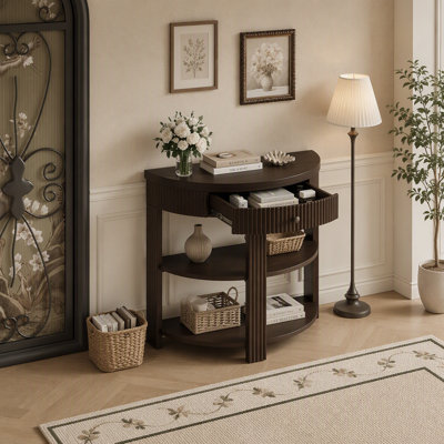 Console cannelée demi-lune avec tiroir et 2 tablettes pour le hall d'entrée, le salon et le couloir