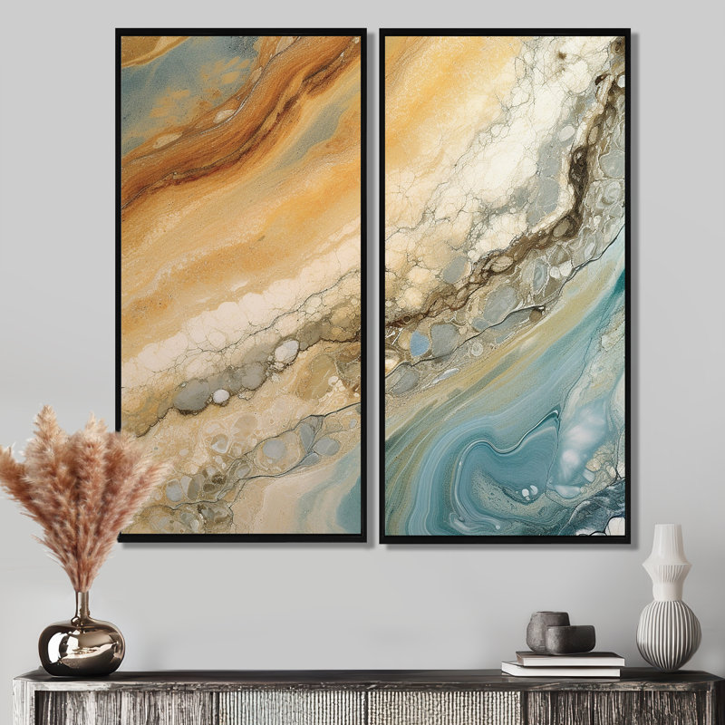 «Beige Blue Aqua Symphony», art mural abstrait grand, 40" H x 40" W, Floater Framed Print without Mat, Black