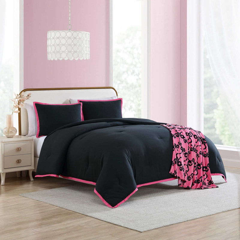 Ensemble d'édredon réversible Betsey Johnson Signature, Édredon pour lit simple + 2 pièces supplémentai, Rose/noir