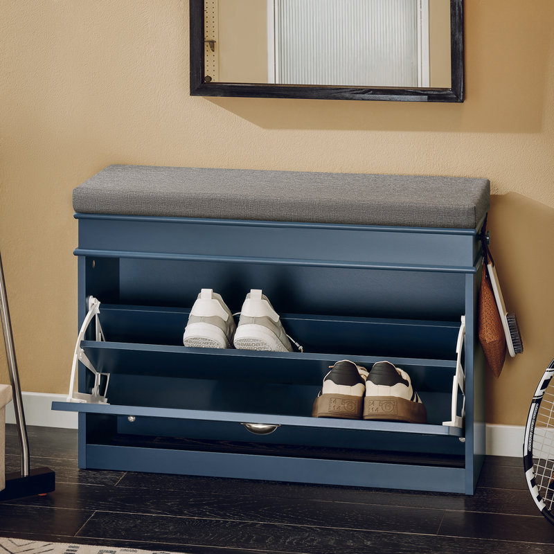 Shoe Bench with Flip Drawer and Cushion,Entryway Storage Bench Blue for Hallway Mudroom Bedroom