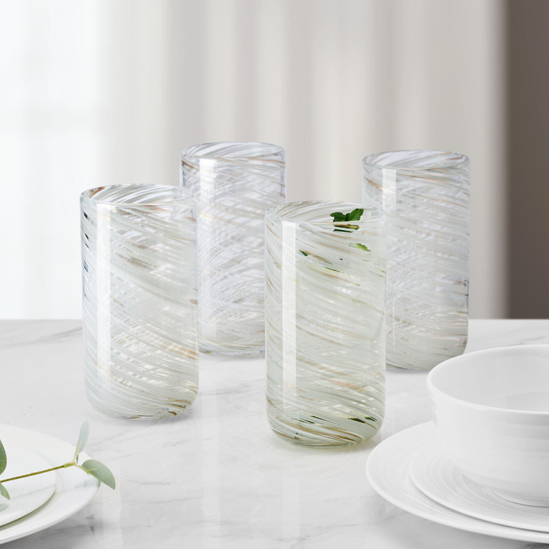 Clear White Abstract Design 18oz Handcrafted Highball Glasses Set