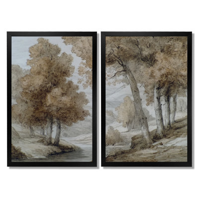 Maple Trees On The English Countryside - Countryside Canvas Prints, Brown Farmhouse Wall Art 2 Piece